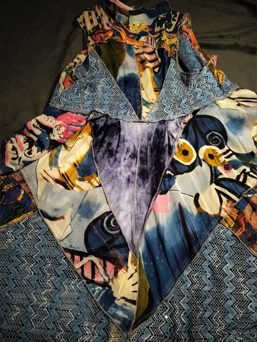 EUC Fleur De Lis Boho Bohemian Patchwork Maxi Long Vest Blue Accents Medium - Picture 5 of 8